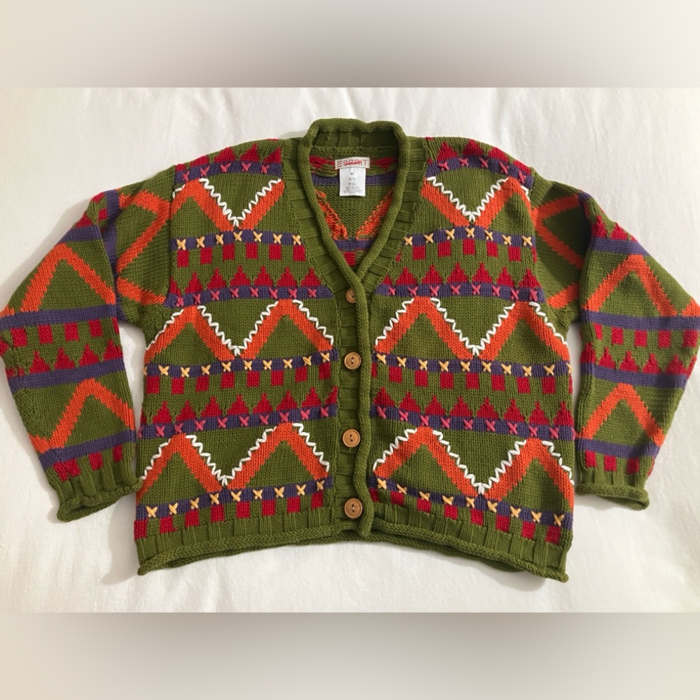 Esprit Vintage Cardigan Sweater 90s Chunky Cotton Wood Buttons
